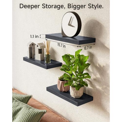 BAYKA Floating Shelves for Wall, Wall Mounted Rustic Wood Shelves for Bathroom, Bedroom, Living Room, Kitchen, Hanging Shelf for Books/Storage/Room Decor with 22lbs Capacity (Black, Set of 3, 15.7in)
