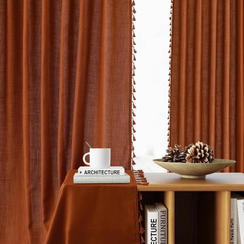SMABU Terracotta Boho Linen Curtains 84 Inches Long 2 Panels Set, Light Filtering Semi Sheer Drapes with Back Tab & Rod Pocket, Tassel Decor for Bohemian Farmhouse Living Room, Bedroom, 52x84