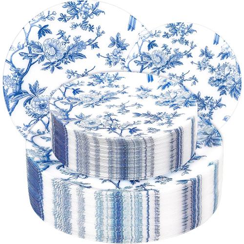 EI 60pcs Blue Plastic Plates Disposable Heavy Duty,Blue and White Floral Disposable Plates,10.25 Dinner & 7.5 Dessert Plate,Natural Fresh and Elegant Decorations for Birthdays/Tea Party/Wedding