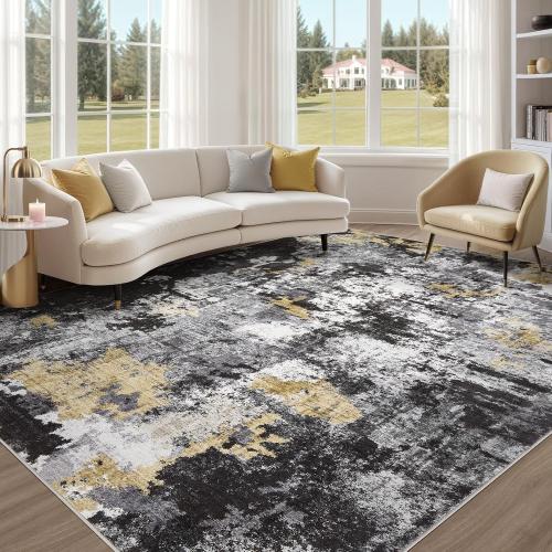 Washable Rug 8x10 Area Rugs for Living Room: Modern Abstract Neutral Soft Carpet for Bedroom Dining Room Under Kitchen Table Home Office Decor - Black Gold