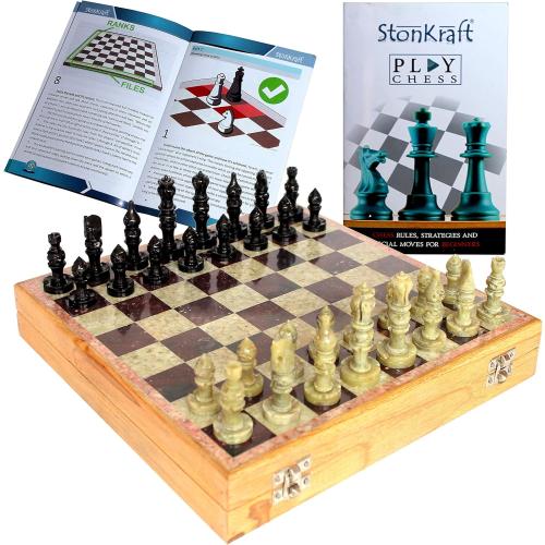 StonKraft - 10 X 10 Chess Board with Wooden Base & Stone Inlaid & Stone Pieces Game Set