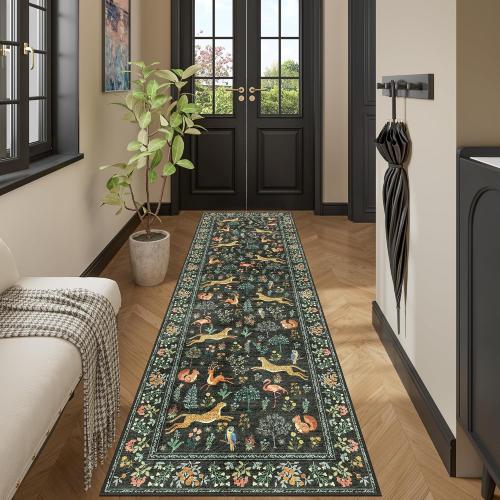 Black Animal Print DUKINO Rectangle Rug for Hallway, Washable Kitchen Runner Rug with Non Slip Backing, Soft Low Pile Vintage Animal Runner for Bedroom, Kitchen, Hallway, Entryway, Laundry, Black
