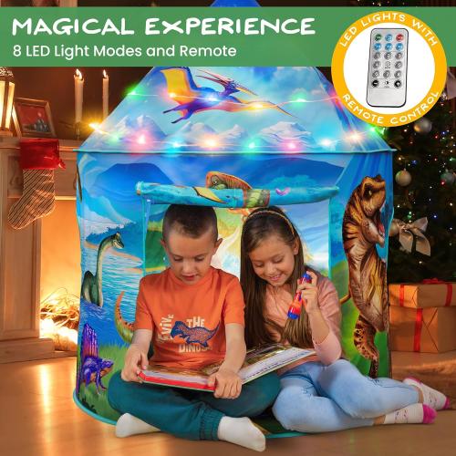 W&O Dino Paradise Play Tent with Roar Button, Dinosaur Toys and LED Lights - Epic Pop Up Tent for Boys & Girls - Perfect for Indoor & Outdoor Adventures
