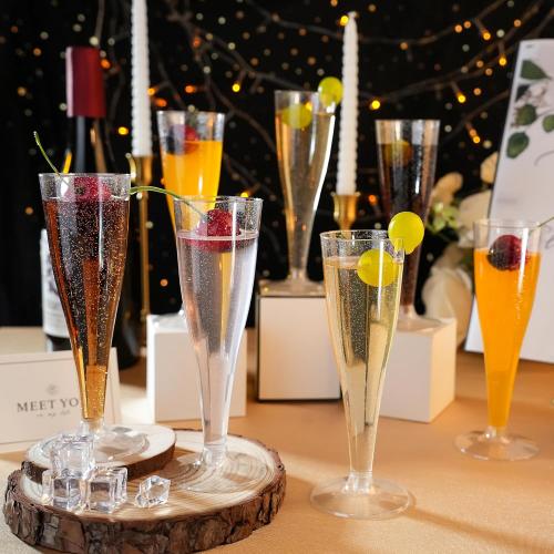 100 Pack Champagne Flutes Plastic, 4.5 oz Silver Glitter Plastic Disposable Stemware, Disposable Champagne Flutes for Party, Mimosa Bar, Wedding, Anniversary and Graduation