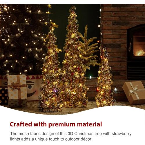 Glitzhome Set of 3 Lighted Christmas Cone Trees, Xmas Decorative Conic Tree Set with 75 Warm White LED Lights, Indoor & Outdoor Lighted Decorations for Lawn Yard Garden Party
