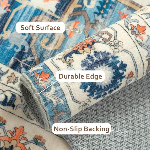 DriftAway Area Rug 5x7 Washable Rugs for Living Room Non Slip Rubber Backing Low Pile Non Shedding Carpet Friendly Boho Foldable Vintage Rugs for Bedroom Dining Room Beige Dark Blue Orange