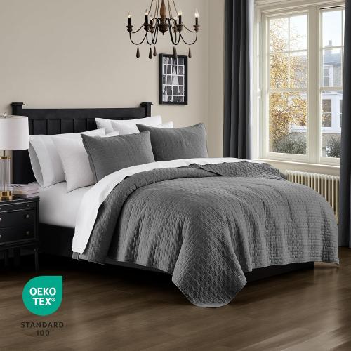 palassio Dark Grey 100% Cotton Quilt Queen Size Bedding Sets with 2 Pillow Shams, Textured Lightweight Soft Bedspread Shabby Chic Coverlet, Quilted Comforter Bed Cover for All Season, 3 Pieces
