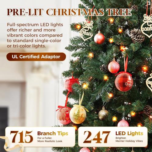 HOLLO STAR 6 ft Prelit Christmas Tree with 247 LED Lights, App Control, Artificial Pencil Christmas Tree with Multi-Color RGBW Lights, 715 Branch Tips, Skinny Xmas Tree, Metal Base, for Home, Party