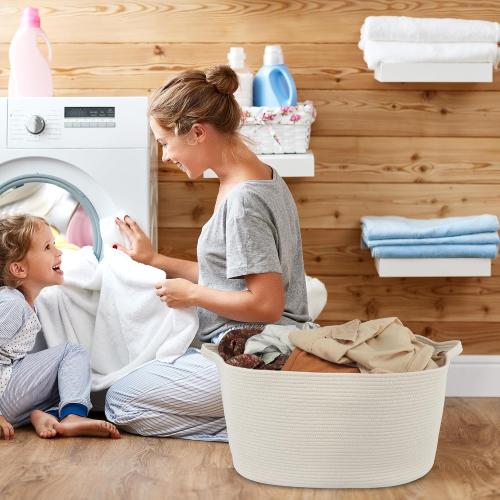 Large Rectangle Blankets Basket Living Room 22x17x12 Woven Cotton Rope Storage Baskets for Nursery Toy Baskets for Kids and Dogs Wicker Laundry Basket Bin for Clothes Towels white