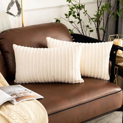 UGASA Pack of 2, Velvet Pillow Covers Striped, Soft Textured Throw Cushion Case Set, Accent Corduroy Lumbar Pillowcases with Hidden Zipper for Home Decor Indoor Outdoor (12x20, Cream)