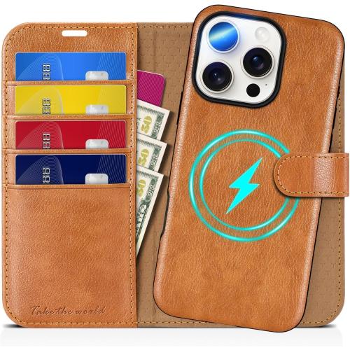 TUCCH Wallet Case for iPhone 16 Pro, [Removable] 2 in 1 [Wireless Charging] RFID Blocking [4 Card Holders] PU Leather Cover, Magnetic Detachable Folding Stand Folio Case for iPhone 16 Pro, Light Brown