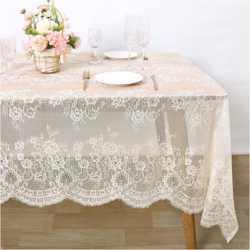 Fanqisi Ivory Lace Tablecloth 60x120 Inches Classic Wedding Lace Tablecloths Overlay Party Table Cover for Bridal Shower Reception Table Decoration