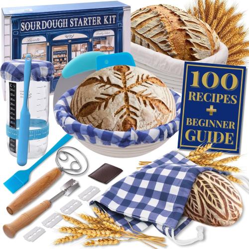 Sourdough Starter Kit for Beginners with Beginner Guide & 100 Recipes - Sourdough Bread Baking Supplies and Tools, Homemade Bread Gift Set and Sour Dough Accessories for Bakers