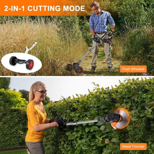 Cordless Weed Wacker with Wheels, 880W Electric Weed Eater Battery Powered with 2 x 21V Batteries, 3-in-1 Grass Trimmer/Brush Cutter with 5 Types Blades for Lawn, Yard & Garden