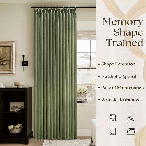 90 Inch Pleated Linen Olive Green Curtains for Living Room 2 Panels Semi Sheer Light Filtering Pinch Pleat Hooks Rings Back Tab Drapes Moss Green Farmhouse Boho Curtains 90 Inches Long Bedroom Window