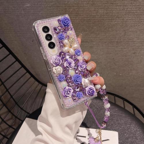 for Samsung Galaxy Z Fold 6 Case,Cute Bling Glitter Sparkle Stunning Stones Diamond Rhinestone 3D Handmade Pearl Rose Flower with Wrist Lanyard Women Girly for Galaxy Z Fold 6 (Purple)