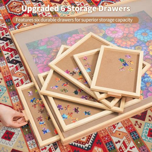 1500 Pieces Rotating Puzzle Board with 6 Drawers, Lazy Susan & Transparent Cover, 34.2x25.2 Portable Wooden Jigsaw Puzzle Board, Great Gift for Puzzle Enthusiasts