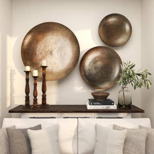 Deco 79 Metal Plate Home Wall Decor Large Metallic Disk Wall Sculpture, Set of 3 Wall Art 35, 29, 17D, Bronze