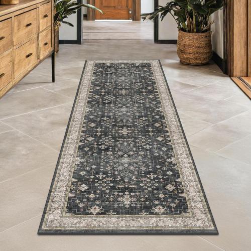 Black Boho Washable Runner Rugs for Hallway Kitchen Bedroom Beside Laundry Room Bathroom Rug, Pet & Kids Friendly, Non Slip Low Pile Stain Resistant Soft Foldable Long Floor Carpet