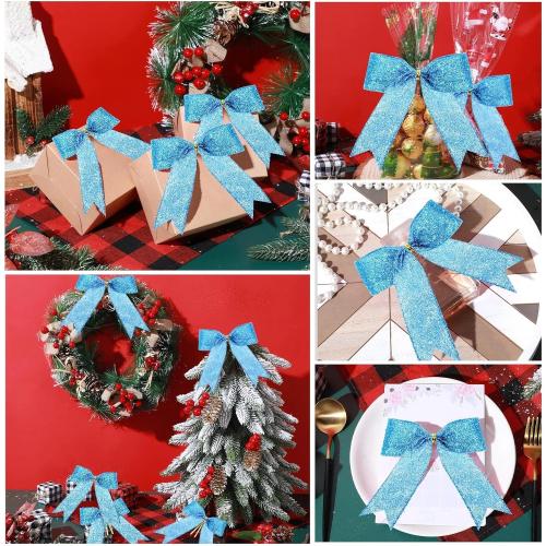 Sumind 36 Pieces Blue Christmas Tree Glitter Bows, 5 x 4 Inch Tie Ribbon Twist Tie Bows for Treat Bags Gift Wrapping Basket Wedding Birthday Valentine Christmas Tree Wreath Garland Decoration