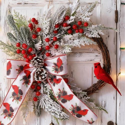 Hoteam 16 Inch Christmas Wreaths for Front Door Cardinal Christmas Ornaments Xmas Winter White Red Bird Berry Clusters Pine Cones Decor for Xmas Holiday Indoor Outdoor Home Window Gift