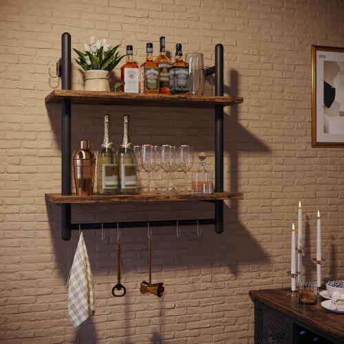 Bestier 24 Floating Kitchen Shelves Wall Mounted 2 Tier Coffee bar Shelves with 8 Hooks, Industrial Wall Shelf for Kitchen, Living Room Bedroom, Rustic Brown