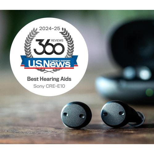Color Black Sony CRE-E10 Self-Fitting OTC Hearing Aids for Mild to Moderate Hearing Loss, Prescription-Grade Sound Quality, Comfortable Earbud Design, Bluetooth Enabled for iOS, and Rechargeable Battery, Black
