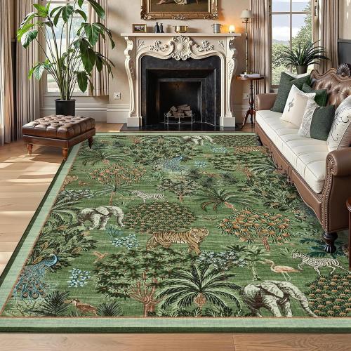 GarveeHome Jungle 8x10 Area Rug Washable Rugs for Living Room, Forest Rug Non Slip Low Pile Soft Indoor Stain Resistance Animal Print Carpet for Bedroom Dining Room Playroom Nursery, Green
