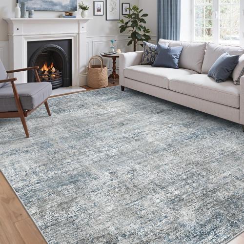 9x12 Washable Rug for Living Room - Abstract Large Rugs for Bedroom, Indoor Non-Slip Soft Carpet,Blue Gray