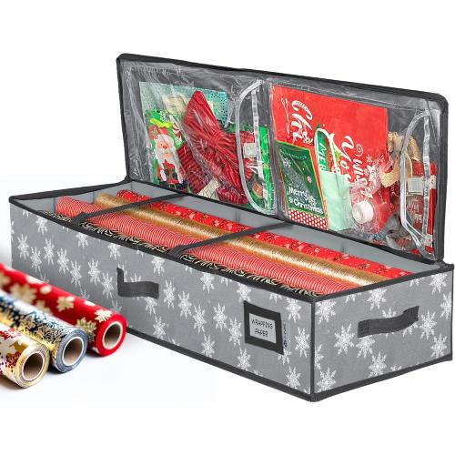 HOLDN’ STORAGE Premium Wrapping Paper Storage Container - Durable 600D Tear-Proof, Fits 27 Rolls Gift Wrap, Extra Pockets for Ribbons & Bows, Underbed Storage - Ideal for Holiday Christmas, Grey/White Snowflakes