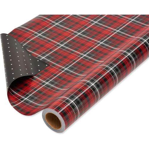 American Greetings Reversible Wrapping Paper, Red and Black Plaid (1 Jumbo Roll, 175 sq. ft.)