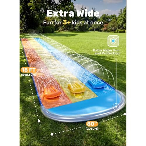Sloosh Triple Water Slide with 3 BodyBoards, 18FT Lawn Slip Water Splash Slide Summer Toy Splash Pad with Build in Advanced Sprinkler for Kids Adults Backyard Summer Water Fun