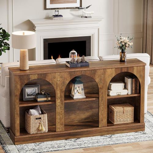 Console Table, Long Entryway Table with 3 Tier Storage, Wooden Rectangular Sofa Table Behind The Couch for Entrance, Hallway, Living Room, Brown