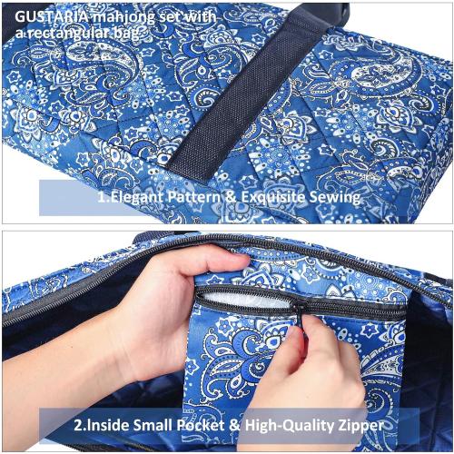 Empty Mahjong Bag,Thickened Blue Printed American Mahjong Set, Tiles Bag and Mahjong Racks&Pushers Drawstring Bag Included (Case Only)