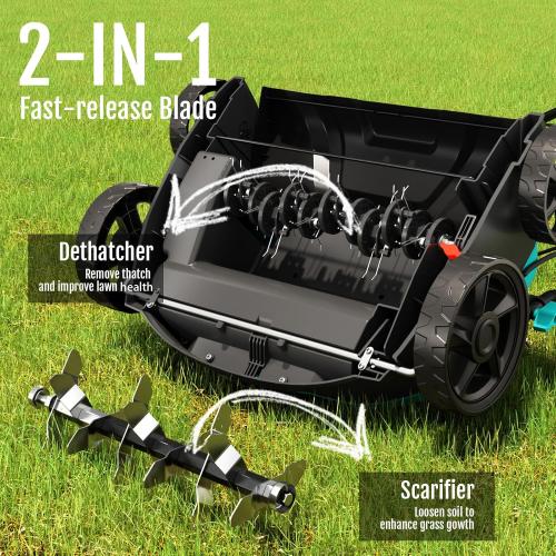 2-in-1 Scarifier and Dethatcher – Deep Soil Revitalization with High-Torque Motor, Adjustable Depth Control, Dual Safety Switch & Removable 10.5-Gallon Thatch Bag