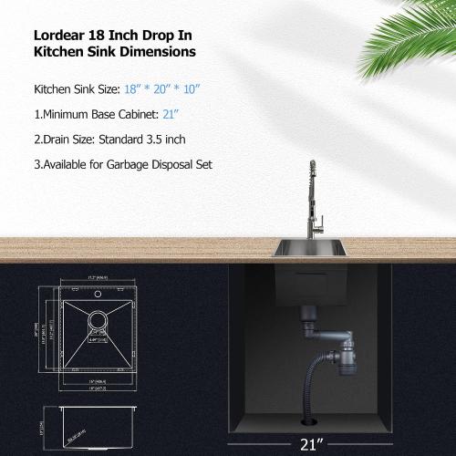 Lordear 18x20x10 inch Drop in Kitchen Sink Topmount Bar Sink 16 Gauge Single Bowl Stainless Steel Bar Outdoor Sinks