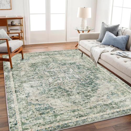 CHAMPLANT Washable Area Rug 9'x12' Retro Boho Design Non-Shedding Easy Care Ideal for High Traffic Areas in Living Room Bedroom Office Coffee Table Kitchen Large Carpet