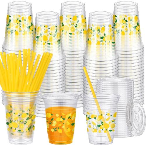 300 Pieces Lemon Plastic Disposable Cups with Lids and Straws 16 Ounce Lemon Hawaiian Luau Party Plastic Cups Clear Summer Tropical Party Cups Fruit Cold Cups for Lemonade Juice Water