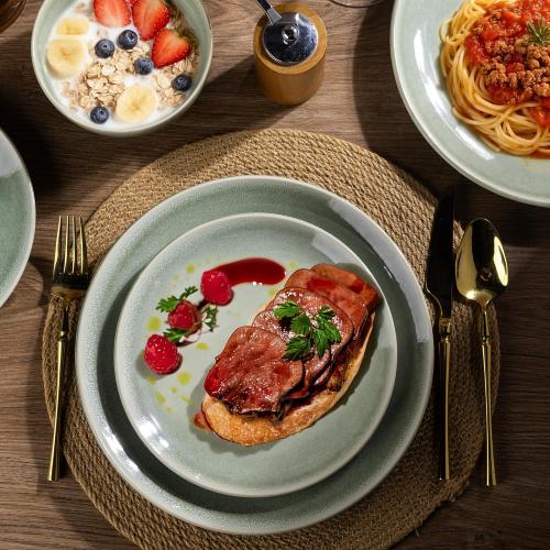 AmorArc Ceramic Dinnerware Sets for 4, 12 Pieces Handpainted Plates and Bowls Set, Scratch Resistant Stoneware Dishes Set, Dishwasher & Microwave Safe, Olive Green