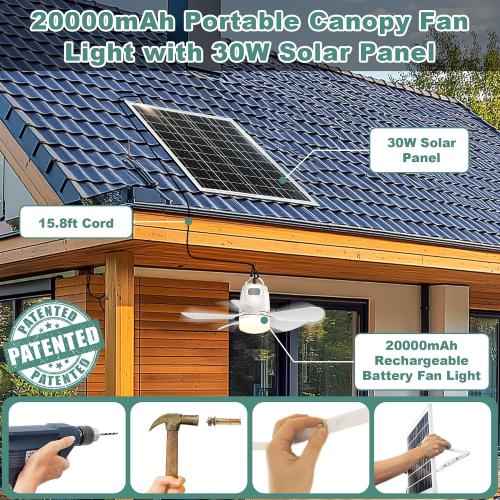 White 20 Solar Ceiling Fan Light, 20000mAh Portable Gazebo fan with 30W Solar Powered Fan with Remote Control, Outdoor Ceiling Fan with Light for Patios, Canopy, Shed, RV, Porch and Chicken Coop