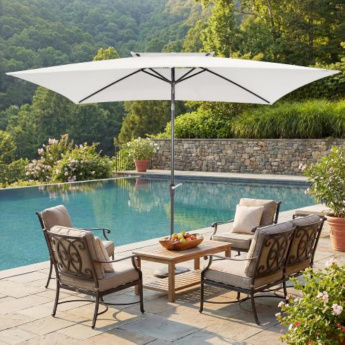 6.6 x 10 ft Rectangular Patio Umbrella, Outdoor Market Table Umbrella with Push Button Tilt and Crank, Double-Tier Vent, 6 Ribs, Rectangle Patio Umbrella for Backyard, Deck, Pool, Fits 4–6 Chairs and Tables (White)