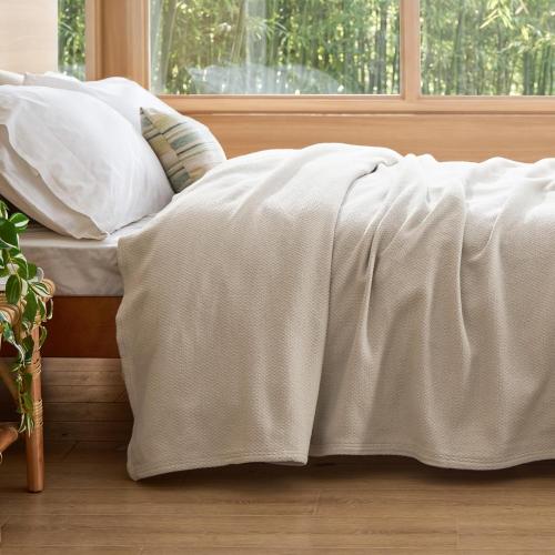 Bedsure GentleSoft 100% Cotton Blanket Queen Size for Bed - Cooling Breathable and Lightweight, Soft Cozy Textured Herringbone Woven Summer Blanket for Home Decor, Linen Beige, 90x90 inches