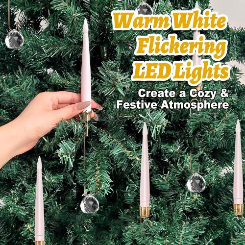 Christmas Tree Candles with Remote, 12 Pack Flameless LED Candles for Xmas Tree Decoration, Battery Operated Flickering Taper Candles with Timer, Warm White Lights for Holiday with Crystal Ball Hooks
