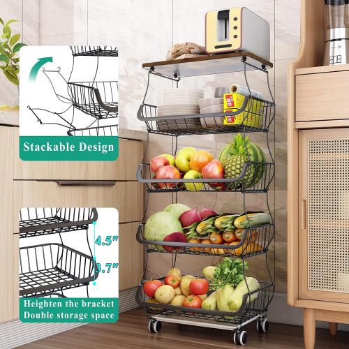 SAYZH Fruit Basket Kitchen Pantry Organizers and Storage - Wooden Top Table, Stackable Metal Wire Basket Stand Cart for Fruit Vegetable Snacks Onion Potato Organization, Black