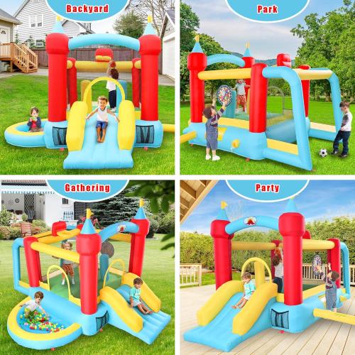 Inflatable Bounce House with Slide, Jumping Castle with Blower and Wave Pool, Basketball Rim, Football Goal