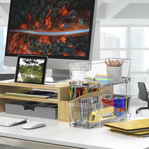 Simple Houseware 2-Tier Narrow Basket Drawer Cabinet Pull-Out Organizer, Clear