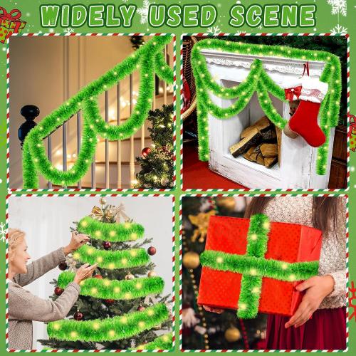 33ft Christmas Tinsel Garland with LED Lights, Lime Green Metallic Foil Glitter Garland & Matching Lights Set for Xmas Tree, Home, Stairs, Indoor Outdoor Party Decor