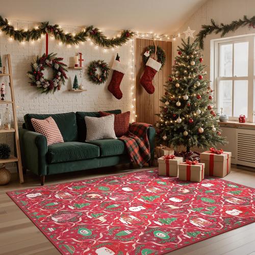 Christmas Area Rug  for Living Room, Washable Rug for Bedroom, Christmas Home Decor, Holiday Print Carpet, Low Pile Non Slip Mat with Rubber Backing, Red Christmas Tale Pattern