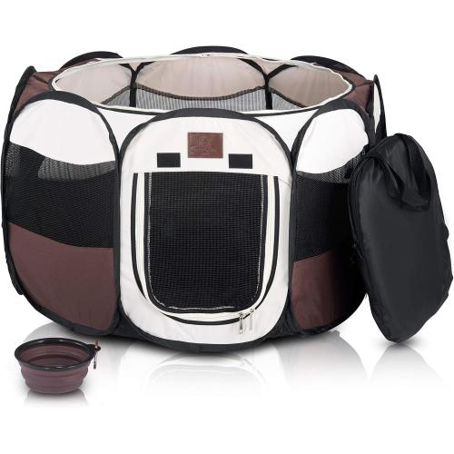 Portable Foldable Playpen Exercise Kennel Dogs Cats Indoor/Outdoor Removable Mesh Shade Cover, Carrying Case & Collapsible Travel Bowl (Medium)