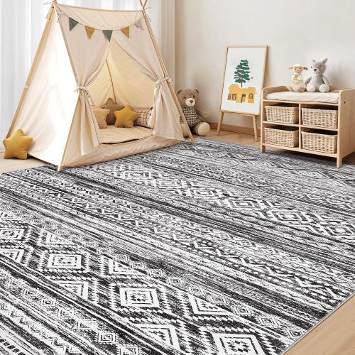 5x7 Area Rug for Living Room, Washable Non-Slip Large Area Rug, Indoor Floor Carpet Low Pile Soft Boho Farmhouse Rug for Bedroom Dining Room （White/Black，5x7）